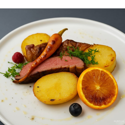 Grilované kačacie prsia, džem z červenej kapusty,  konfitované zemiaky na masle s tymiánom